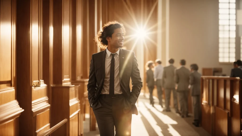 a person smiling as they walk out of a courtroom, with the sun shining brightly in the background.
