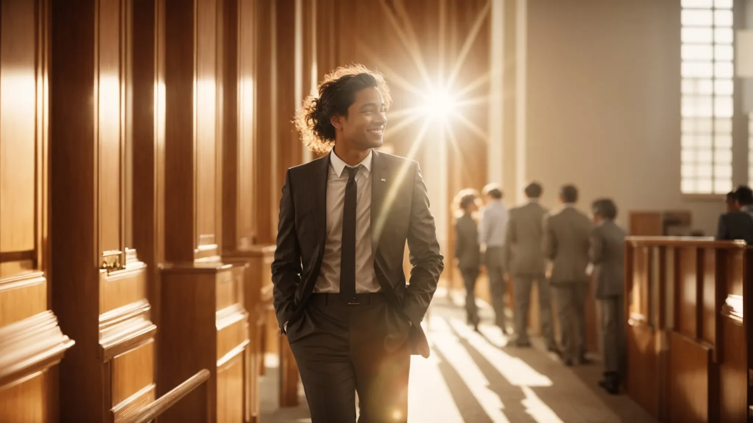 a person smiling as they walk out of a courtroom, with the sun shining brightly in the background.