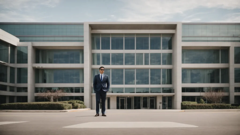 a confident lawyer stands in front of a courthouse, ready to advocate for their client.