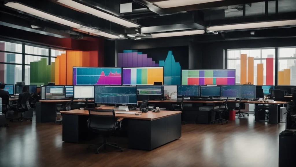 a modern office with multiple computer screens displaying colorful graphs and charts.