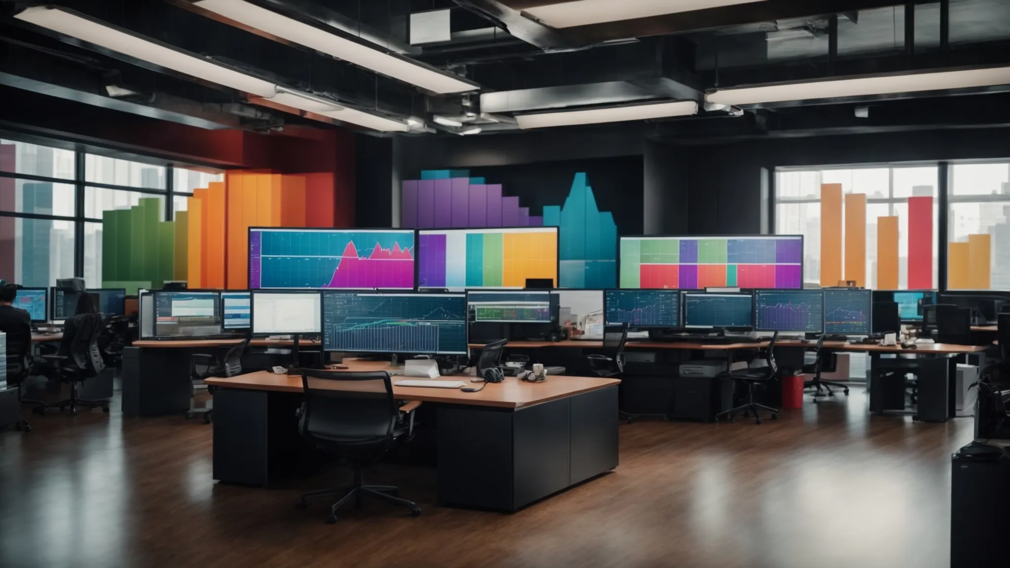 a modern office with multiple computer screens displaying colorful graphs and charts.