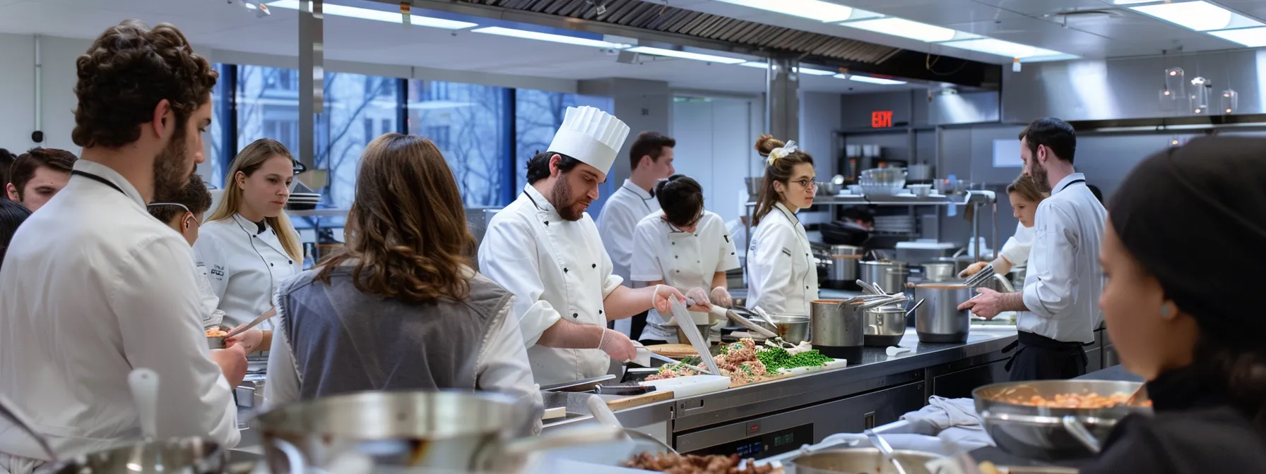 students gathered around a professional chef demonstrating cooking techniques in a bustling new york culinary school kitchen.