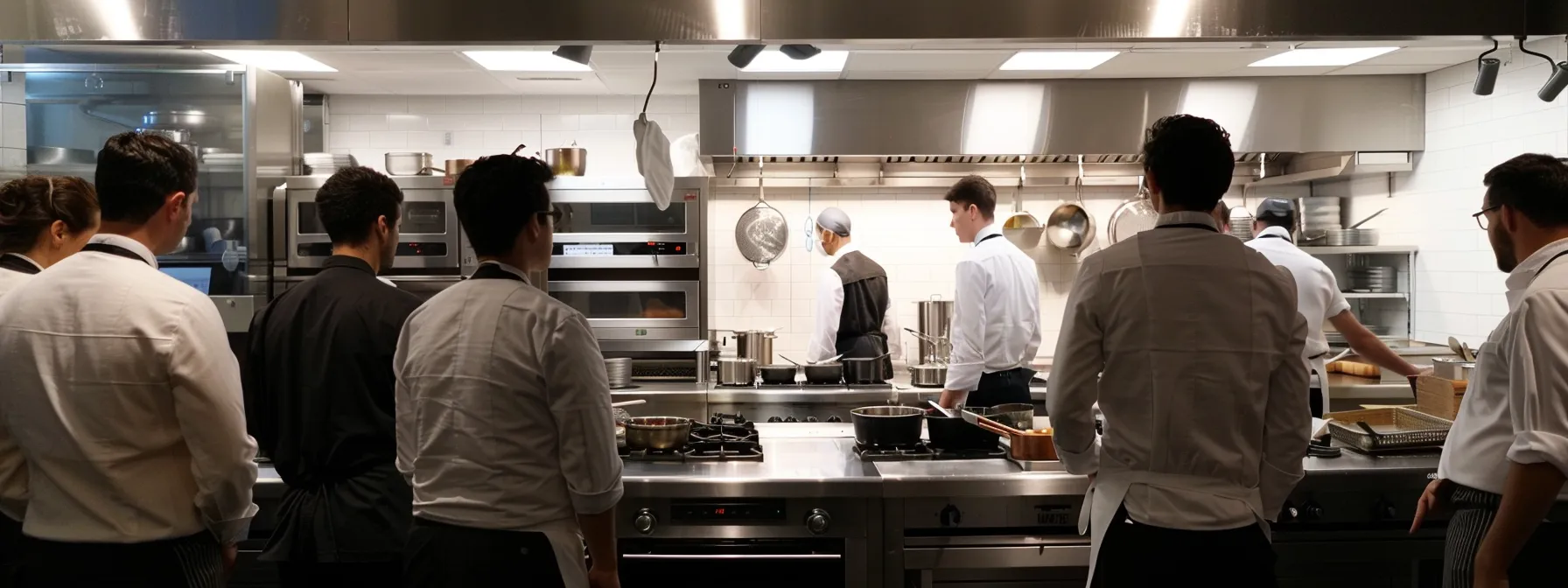 business professionals discussing benefits of practical experience in a professional kitchen at a new york culinary school.