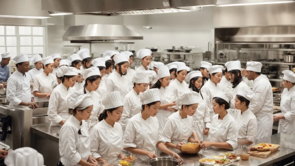 a bustling culinary classroom filled with students wearing chef hats and aprons, gathered around a large kitchen island as an instructor demonstrates cooking techniques.